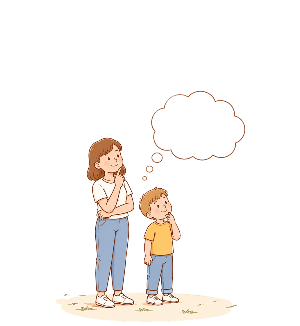A parent and child looking up thoughtfully at a thought bubble