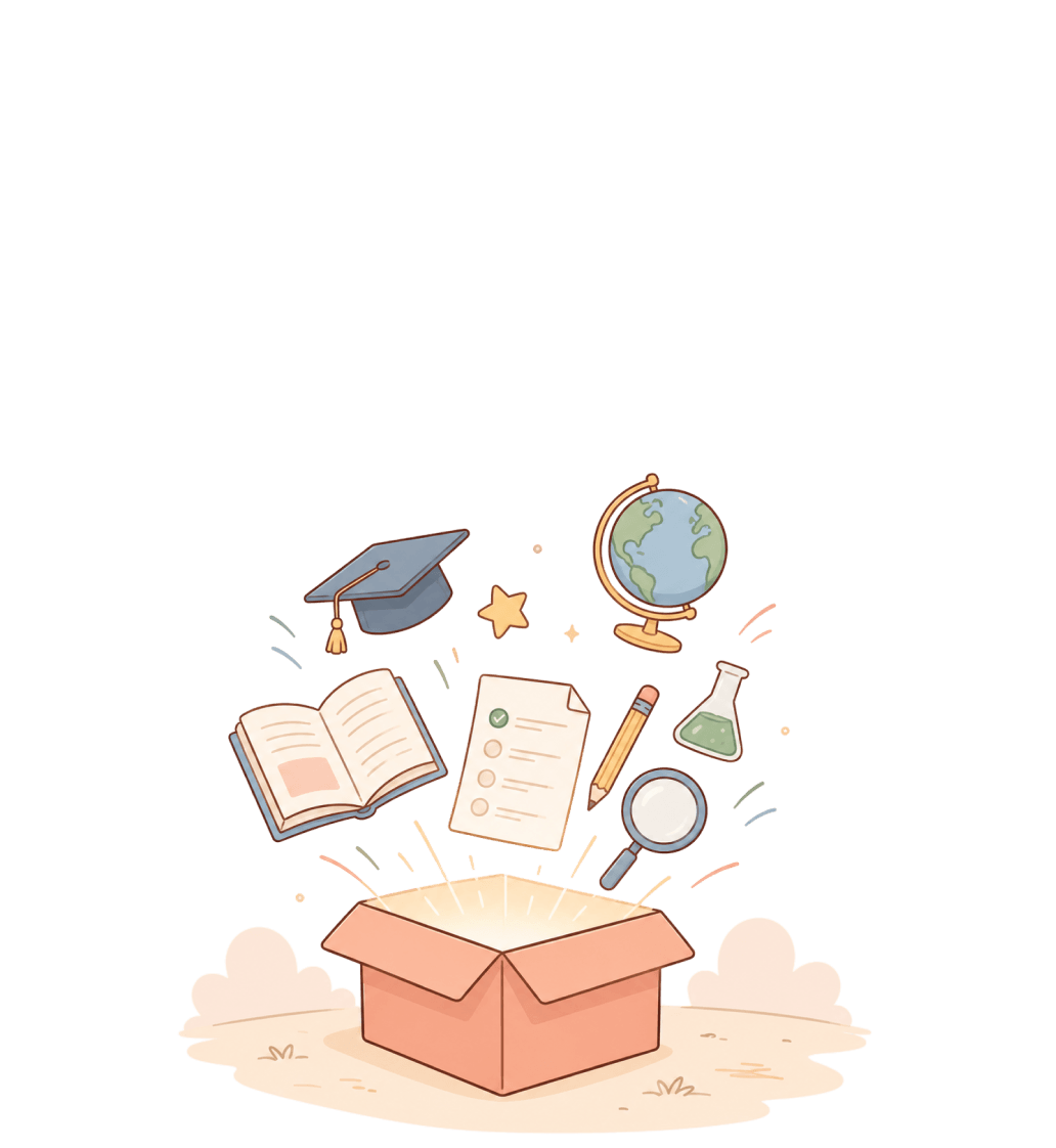 An open box with school supplies floating out — a book, test paper, pencil, globe, science flask and graduation cap