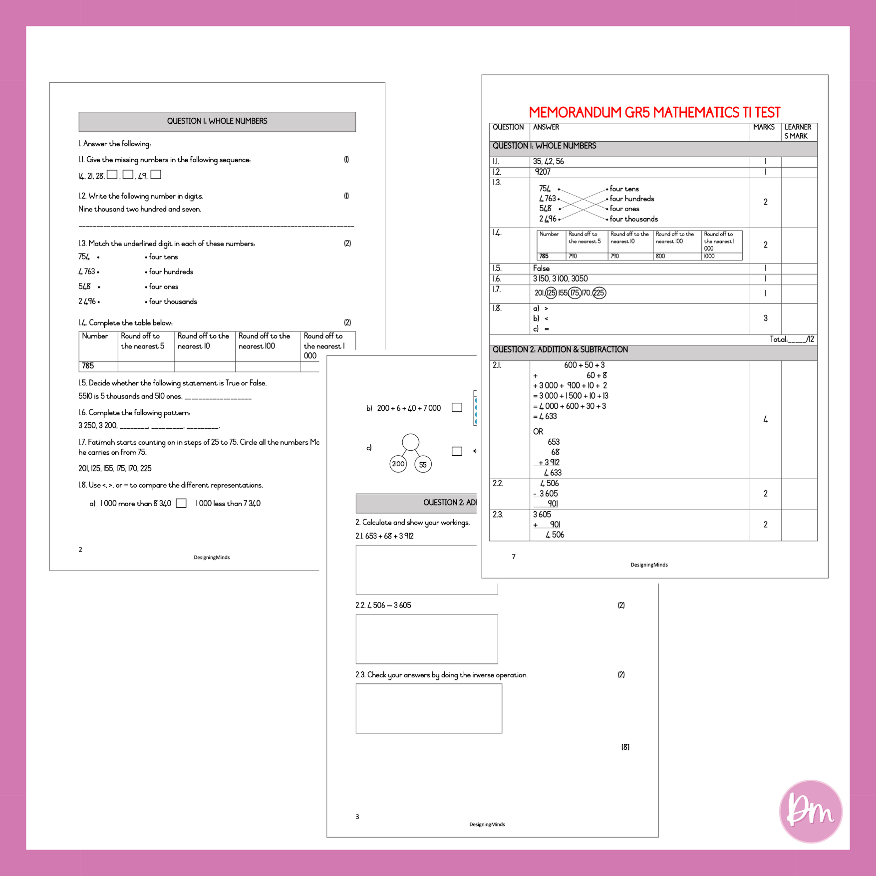 Grade 5 Mathematics Term 1 Test (2025) – Designing Minds